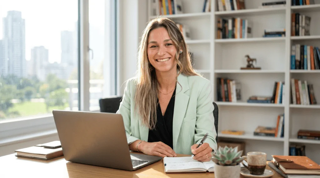 Nicole Ortner am Schreibtisch, lächelt die Kamera an.