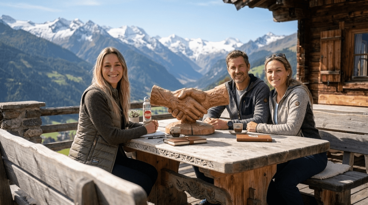 2Kunden und Fr. Ortner auf der Alm am Tisch sitzen